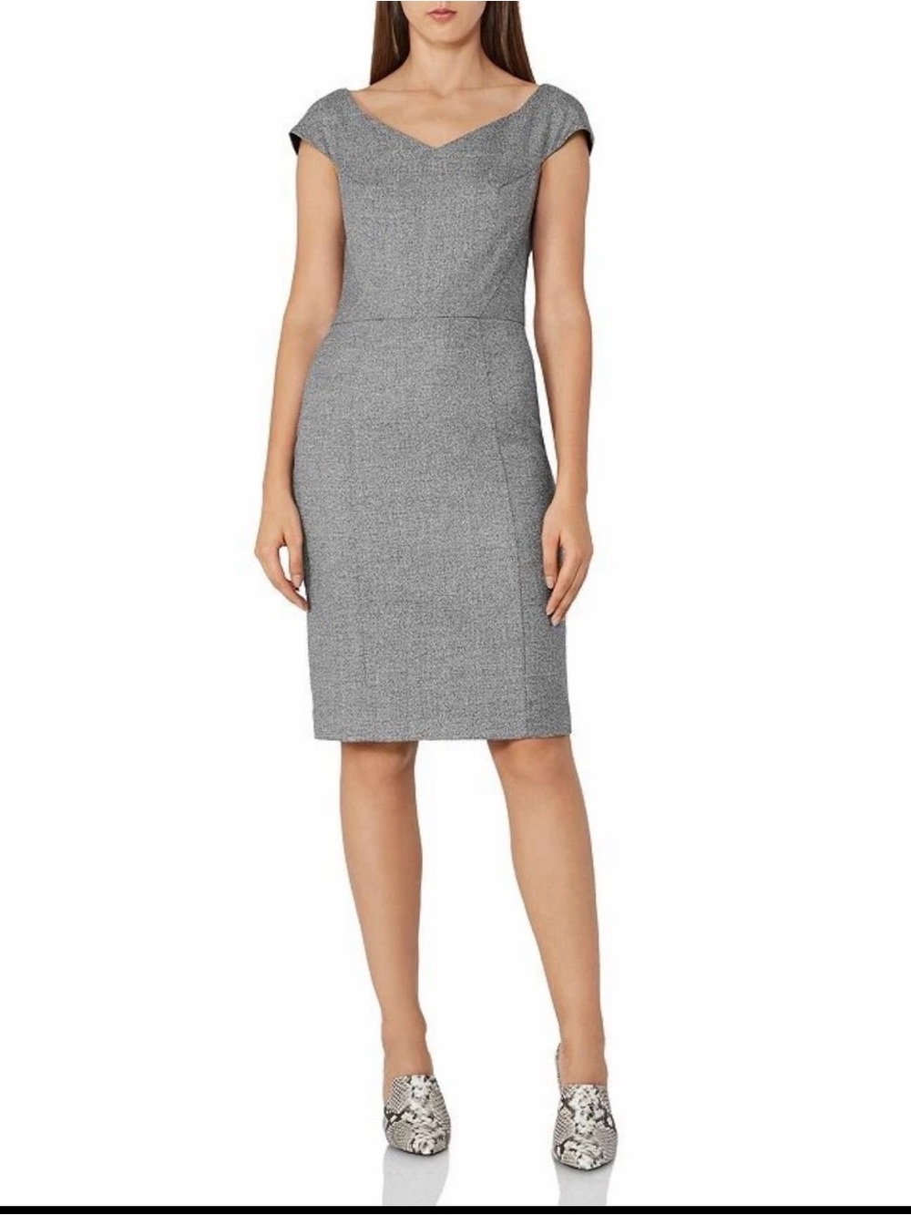 Reiss Grey Cap-Sleeve V-Neck Midi Dress